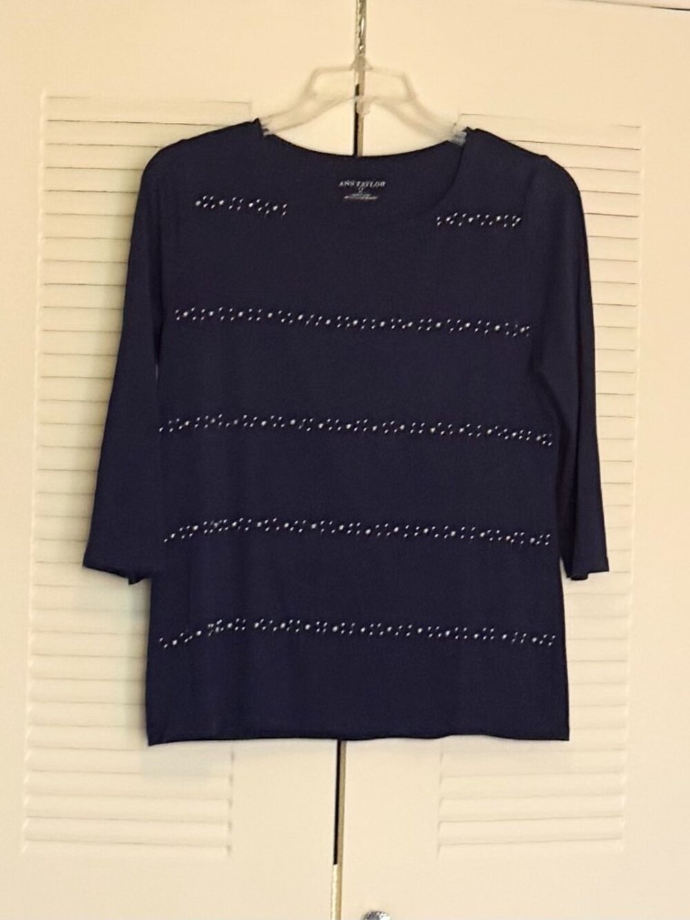Ann Taylor ¾ Length Sleeve Navy Blue Pearl Knit Top
